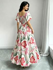 Modelyn 花卉蝴蝶印花时尚方领短袖连衣裙，收腰中长款，浅杏色花卉图案连衣裙，夏季必备 - 彩色 - 查看 2