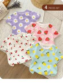 SHEIN 4 件套女婴休闲可爱多巴胺、柠檬、樱桃、草莓、雏菊水果图案圆领短袖 T 恤，适合春夏季 - 彩色 - 查看 6