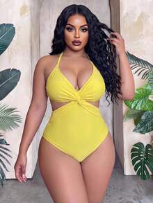 Slaydiva Plus Size Women Solid Color Twist Ruched One-Piece Swimsuit, Suitable For Beach Vacation, Pool Party, Beach Party - Yellow - View 5