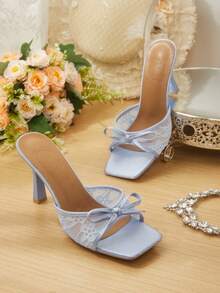 CUCCOO HITCHD Giày sandal cao gót thanh lịch dành cho nữ, kiểu dáng công sở, đính nơ ren, thích hợp cho ngày Valentine, giày cưới, giày mùa xuân, giày cô dâu. - Màu xanh nhạt - Xem 1