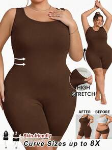 SHEIN CURVE+ 大码女士无缝塑身衣，胸部和臀部提拉 - 腹部、腰部和大腿塑形连体衣，曲线加大码，Hoho Vacation沙滩装/沙滩裙/沙滩度假装/沙滩必备/毕业典礼/下午茶派对礼服 - 棕色 - 查看 8