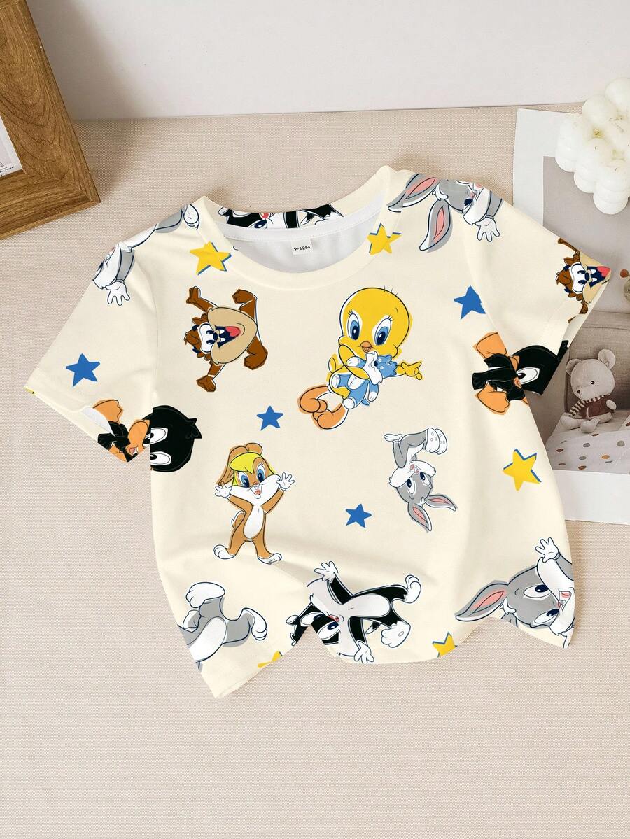 LOONEY TUNES X SHEIN 女婴圆领短袖休闲上衣 - 白色 - 查看 1