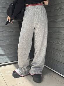 FRIFUL Women's Casual Everyday Commute Contrast Lettuce Trim Ruffle Hem Loose Pants - Grey - View 4