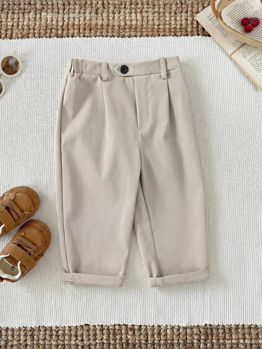 SHEIN Baby Boy Casual Elastic Waist White Formal Trousers, Suitable For Birthday Party, Evening Event, Performance, Wedding, Baby Shower, And 1st Birthday Celebration - Khaki - View 1