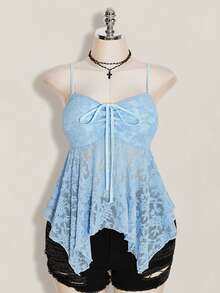 SHEIN ICON Plus Size Solid Color Lace Patchwork Front Drawstring Tie Camisole Top, Asymmetric Hem, Y2K Style, Suitable For Summer - Baby Blue - View 3