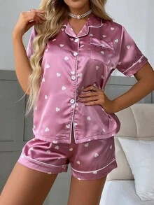 Pink Heart Print Contrast Piping PJ Set / Pajama Set - Dusty Pink - View 5