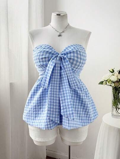 Sweetra Plus Size Blue Plaid Ruffle Camisole And Tank Top, Spring/Summer