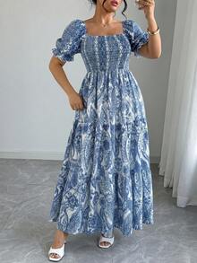 Elenzga Plus Size Women Elegant Square Neck Ditsy Floral High Waist Ruffle Hem Dress - Baby Blue - View 3