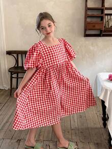SHEIN LMoss Kids Tween Girls' Woven Solid Color Square Neck Puff Sleeve Fitted Casual Dress - Red - View 4