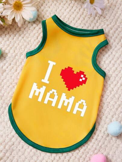 PETSIN 1件 L 号 爱妈妈字母印花宠物背心 黄色拼接 绿色柔软透气防毛宠物服装
