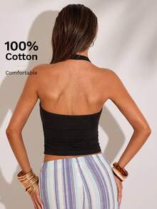 SHEIN BAE Women's Minimalist Solid Color Backless Cropped Halter Top,Summer Top - Black - View 2