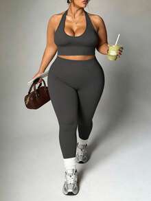 Dewbera Dewbera Setelan Olahraga Wanita Ukuran Plus: Atasan Tank Top Model Halter Neck Pendek Warna Polos dan Legging Pinggang Tinggi - Dark Grey - View 3