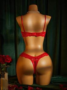 Elorette Conjunto de sujetador con aros y tanga de encaje sexy para mujer - Rojo - Ver 2