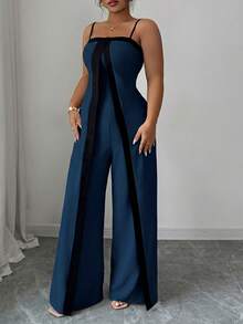 Elenzga Mono informal de pierna recta de talla grande con contraste de color para mujeres - Agua verde azul - Ver 5