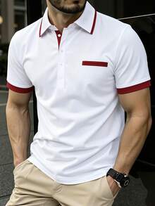 Manfinity Homme 男士對比飾邊鈕扣 Polo 衫，休閒夏季，正式 - 白色 - 查看 3