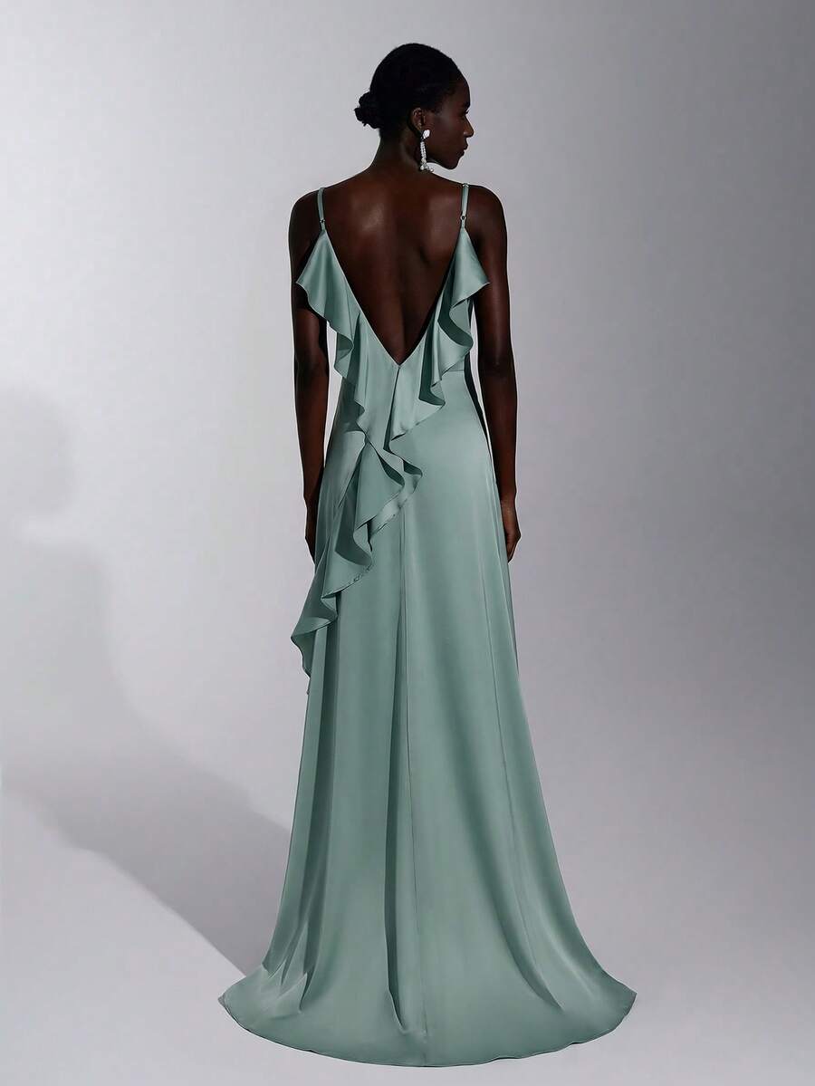 Elitara Vestido elegante de dama de honor de unicolor con volantes en el bajo - Agua verde azul - Ver 1