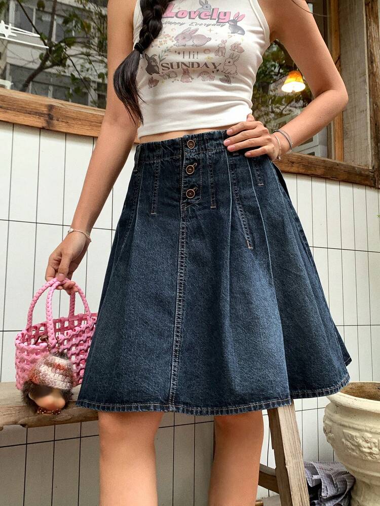Women's Pleated Denim Mini Skirt, Casual Teenage Style