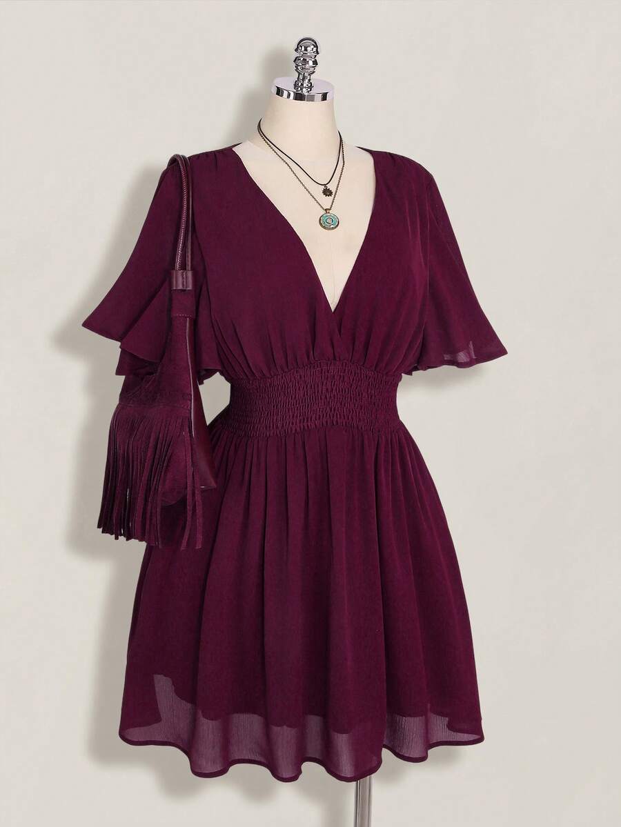 SHEIN ICON Đầm chữ A cỡ lớn cổ chữ V xếp nếp, thích hợp cho kỳ nghỉ biển, phong cách Boho, Hippie, Y2K, mùa hè, ngày Valentine, đầm hẹn hò thanh lịch. - Màu tím - Xem 1