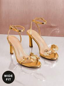 SHUZIA Women's Wide-Fit Minimalist Fashion Comfy Round Toe Floral Decor Stiletto Heel Sandals - Gold - View 3