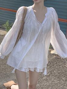 DAZY Women's Solid Color Long Sleeve Loose Fit Shirt Vacation - White - View 8