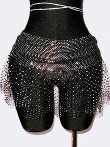 EgrlEra Rok Super Pendek Seksi Wanita, Jaring-jaring Bertabur Rhinestone, Berkilau dan Cocok untuk Acara Pesta - Hitam - View 7