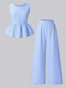 SHEIN Sparklyn 两件套少女度假优雅套装，圆领吊带背心，后背蝴蝶结装饰，阔腿宽松裤 - 藍色 - 查看 8