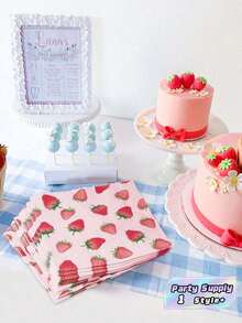 25pcs Strawberry Pattern Pink Disposable Paper Napkins, Birthday Party Supplies, Holiday Christmas Theme, Fruit Dessert Table Decor - multicolor - View 1