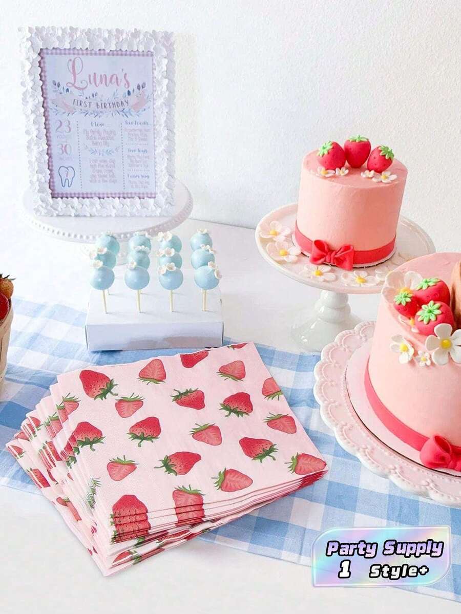 25pcs Strawberry Pattern Pink Disposable Paper Napkins, Birthday Party Supplies, Holiday Christmas Theme, Fruit Dessert Table Decor - multicolor - View 1