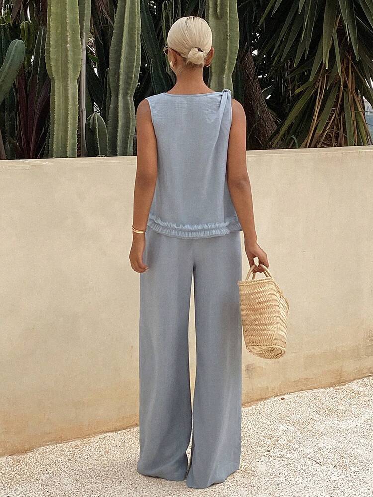 Women's Casual Vacation & Commute Minimalist Solid Color Mesh Ruffle Trim Sleeveless Top And Wide Leg Pants Set, Spring/Summer