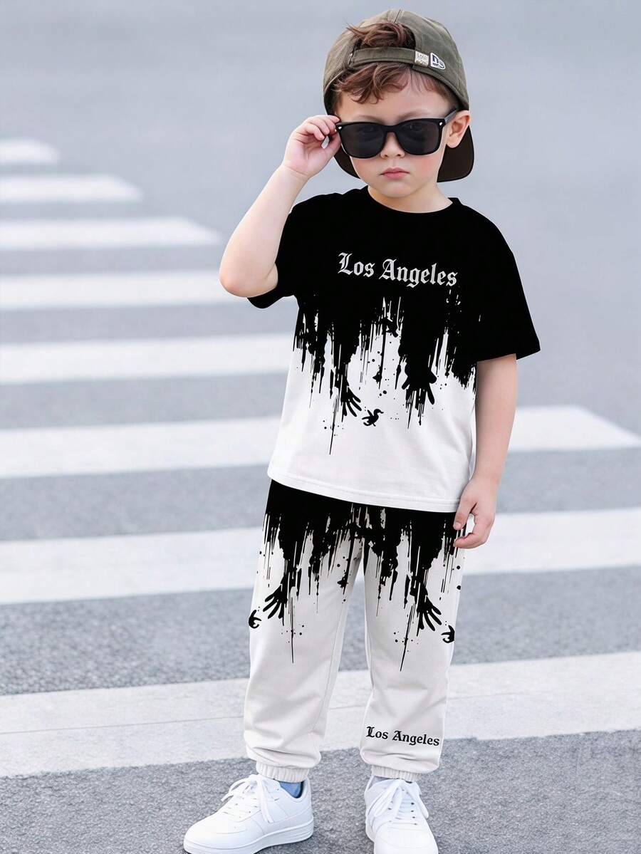 2pcs/Set Letter Graphic Print T-Shirt And Pants Set, Black & White, Fashionable Casual Outfit For Boys, Suitable For All Seasons - Black - View 1