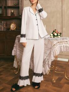 Côtesoire Southern France Elegant Ruffled Cardigan Women Pajama Set - White - View 5
