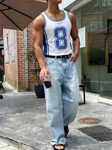 DAZY White Splicing Blue Ribbed Fabric Letter Print Design Slim Fit Men Tank Top Graphic Tee - Multicolor - View 5