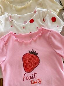SHEIN LMoss Kids 女婴可爱卡通草莓图案荷叶边圆领短袖短裤柔软针织睡衣套装，6件套夏季 - 彩色 - 查看 5