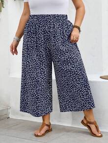 SHEIN CURVE+ Große Größen US22 Musikfestival, Strandurlaub, Boho Ditsy Blumen Weite Bein Lässig Palazzo Hose - marineblau - Übersicht 7