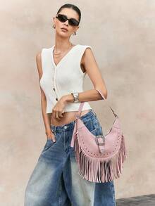 Viva Strut Túi đeo vai nữ, túi Hobo, thời trang, cá tính, đơn giản, đa năng, phong cách đường phố, dành cho các cô gái ngọt ngào và cá tính, các cô nàng sành điệu, phong cách Y2K, retro, đinh tán, vintage, tua rua, họa tiết da bò, phong cách miền Tây, phong cách Bohemian, lễ hội âm nhạc, dành cho thanh thiếu niên. - Hồng - Xem 8