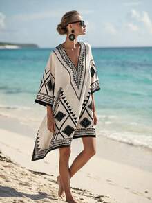Balvessa Vestido bohemio holgado con cuello en V y estampado geométrico para la playa - Multicolor - Ver 1