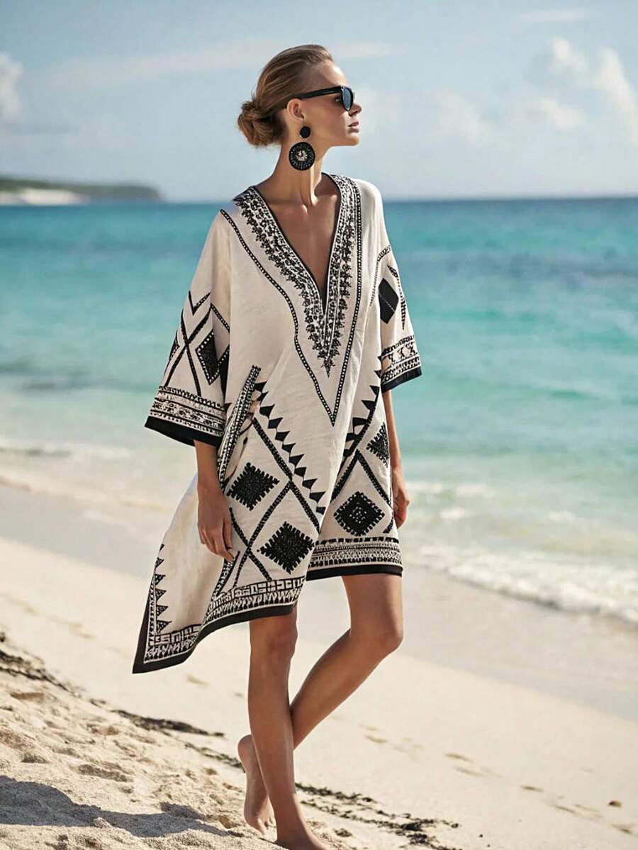 Balvessa Vestido bohemio holgado con cuello en V y estampado geométrico para la playa - Multicolor - Ver 1