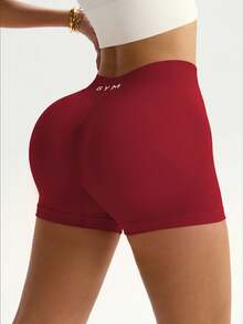 Sweetra Core Rhythm 1pc Red Waistband Sports Shorts, Seamless Knit High Elasticity Comfortable Yoga, Fitness, Outdoor Sports,For Hiking, Trekking, Gym,Summer - Burgundy - View 2