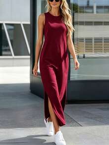 Summer Casual Solid Color Side Slit Sleeveless Dress - Burgundy - View 2