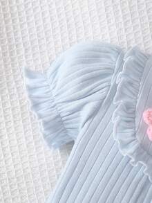 SHEIN 夏季藍色可愛女嬰服裝家庭套裝圓領短袖泡泡連身衣配立體鉤花裝飾優雅 - 淺藍色 - 查看 7