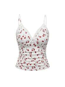 ROMWE Kawaii Plus Size Women Cherry Printed Contrast Lace Camisole, Summer - Multicolor - View 1