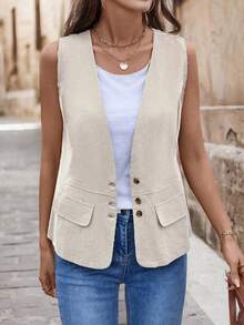 EMERY ROSE Women's  Drawstring Pocket Decorated Vest Jacket - Apricot - View 5