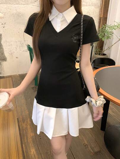 DAZY Đầm ngắn tay nữ mùa hè kiểu dáng thường ngày, phối màu tương phản, 2 trong 1.
