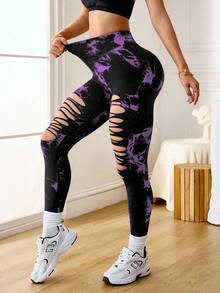 Slayform Women's Contrast Color Ripped Casual Versatile Daily Wear Sports Leggings - Black and Purple - View 5