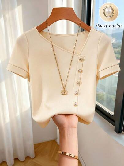 Franclia Camiseta de mujer de unicolor con cuello asimétrico, decoración de perlas y botones, de manga corta, adecuada para uso diario