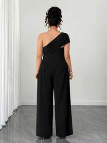 SHEIN Clasi Setelan Kasual 2 Potong Wanita Ukuran Besar Warna Polos dengan Hiasan Logam di Bahu dan Celana Panjang Lebar, Cocok untuk Olahraga, Musim Panas, Warna Cokelat. - Hitam - View 2