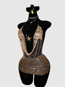 EgrlEra Women's Sexy Rhinestone Fishnet Backless Halter Mini Dress For Party - Champagne - View 6