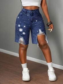 Slaydiva Plus Size Women Casual Everyday Wear Distressed Pocket Button Denim Shorts - Dark Wash - View 4