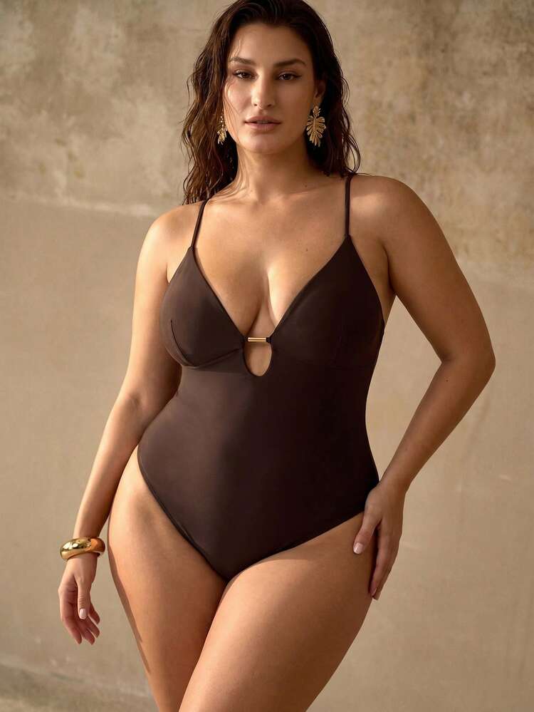 HANDMADE CROCHET BACKLESS SWIMSUIT, BOHEMIAN STYLE, PLUS SIZE WOMEN BEACH VACATION SWIMWEAR, BROWN