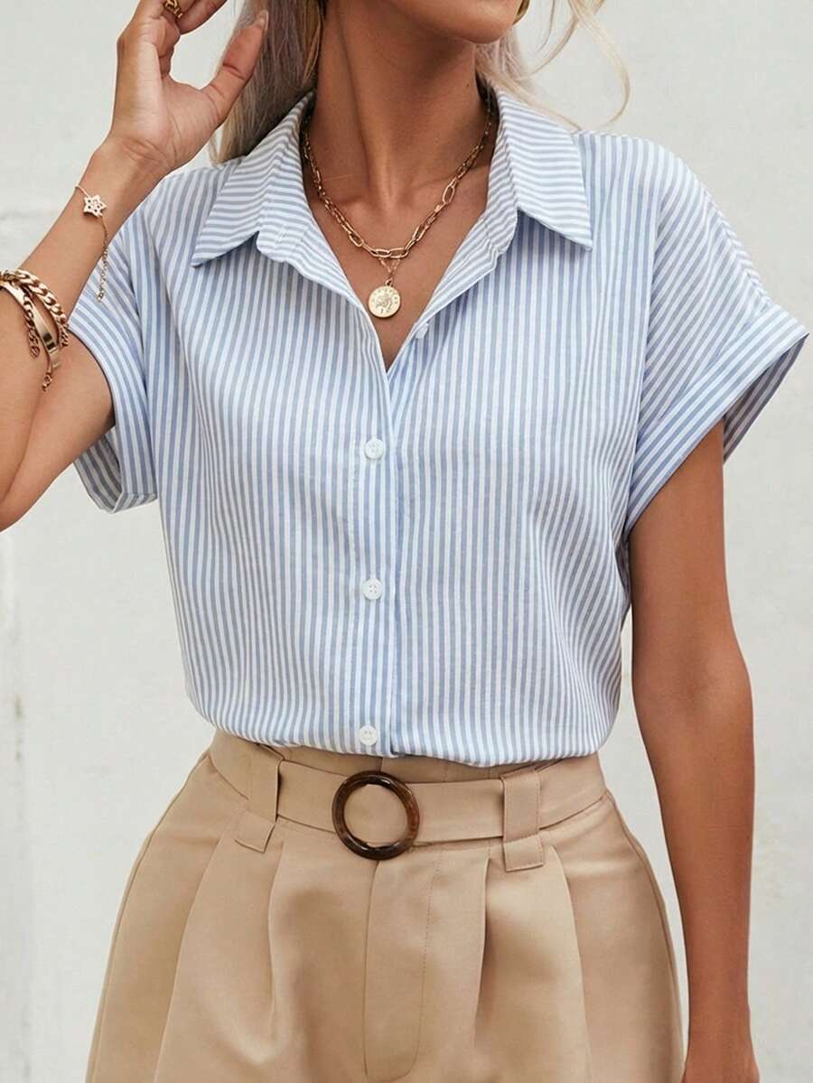 SHEIN Frenchy A Casual And Simple Style Blue And White Pinstriped All-Over Print Women's Shirt Suitable For Spring And Summer. - Multicolor - View 1